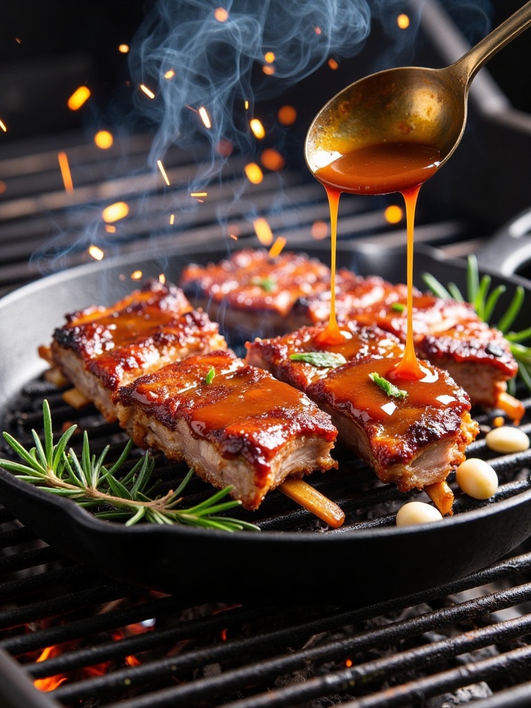 gourmet food,  gourmet food Photograph of a close-up of a black cast-iron skillet with three grilled pork ribs slathered i...