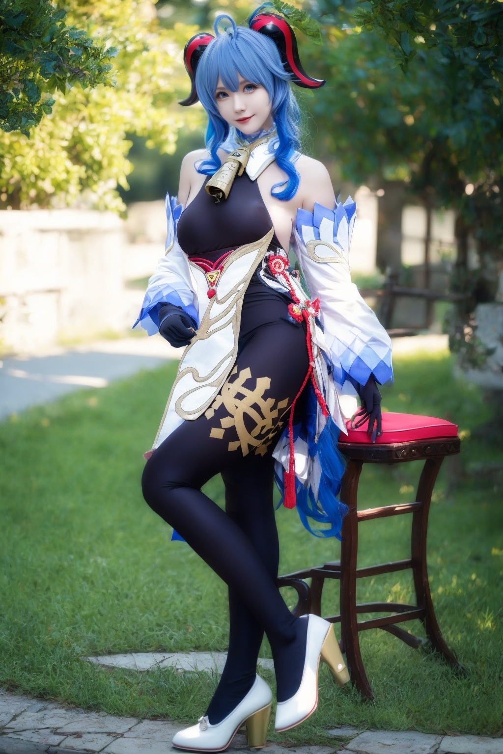1girl,ganyu (genshin impact),solo,horns,blue hair,gloves,detached sleeves,bell,long hair,full body,purple eyes,pantyhose,black gloves,neck bell,standing,bare shoulders,cowbell,high heels,ahoge,bangs,black pantyhose,white sleeves,bishoujo,****,white_skin,fair_skin,shiny_skin,curvy,glamor,oval face,heart shaped face,(smile:0.9),posing,wallpaper,available light,realistic,in summer,day,outdoors,looking_at_viewer,<lora:killer手部优化000010:0.8>,(stylish_pose:1.1),chair,sitting,bouncing breasts,<lora:ganyuCOS:1>,small_breasts,
