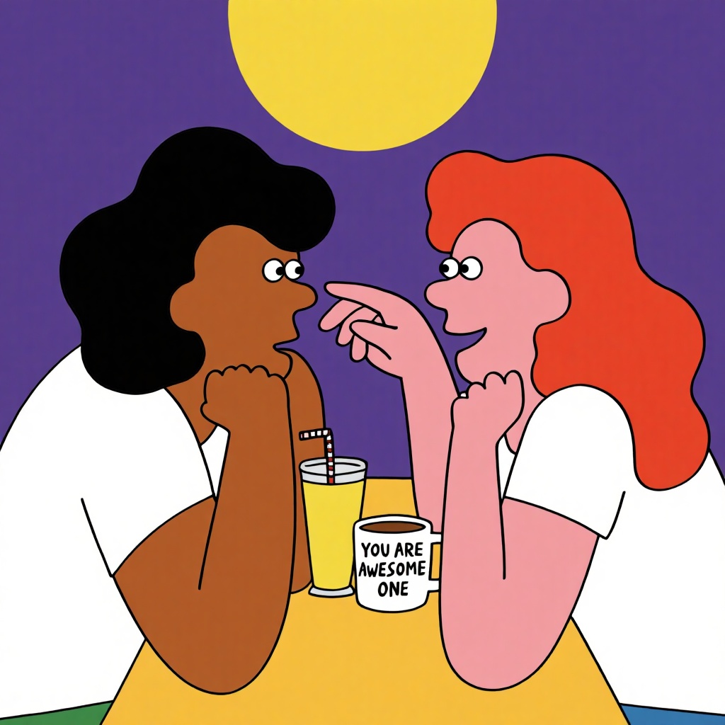 A colorful digital drawing in a cartoon style depicts two women with exaggerated features. One has dark skin and black hai...