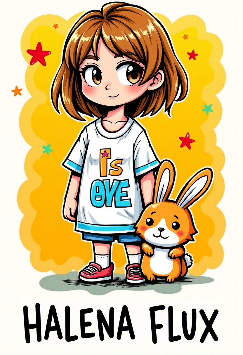 A cartoon cute girl with a Calico rabbit,  wearing a T-shirt. The character is drawn in full body with a light yellow and...