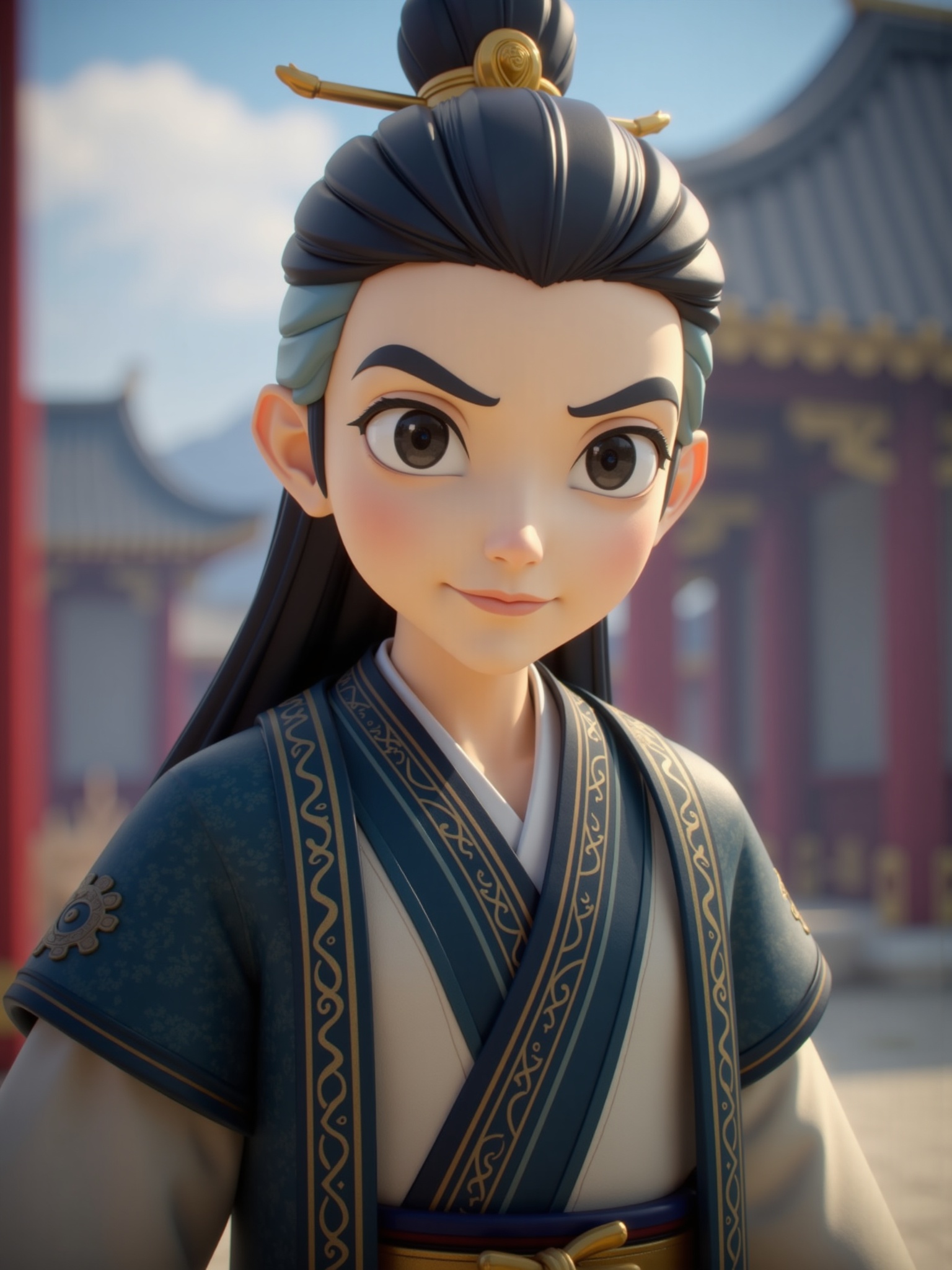 3D style,A boy with long black hair is wearing chinese clothes,outdoors,black hair,black eyes,