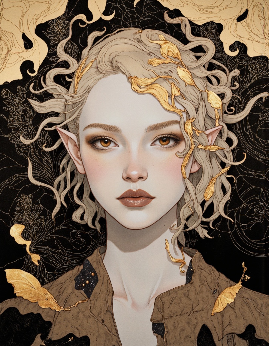 A digital illustration shoot from a portrait camera angle about a stylized portrait of a young woman with ethereal feature...
