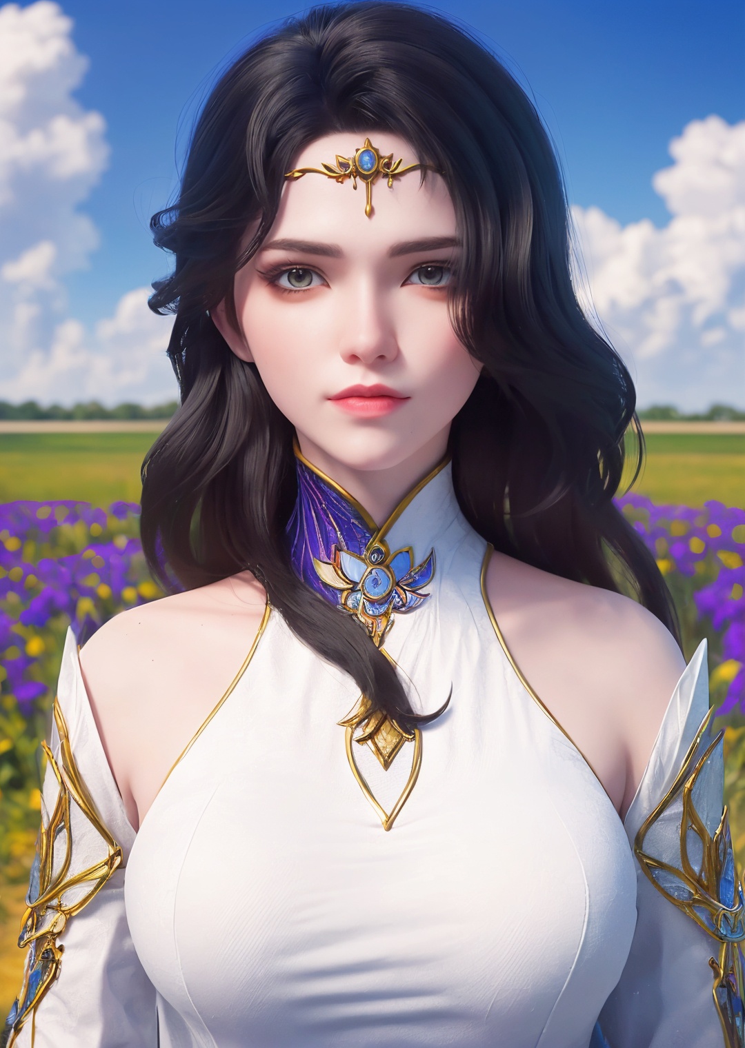 1girl,solo,x forehead jewelry,x dress,looking at viewer,(outdoors),((nature)),((fantasy flower field)),((fantasy sky)),((day)),simple background,depth of field,((fantasy style )),portrait,Highly detailed,(ultra-detailed),(best quality:1.5,masterpiece:1.5),<lora:xuanyi:0.7>,