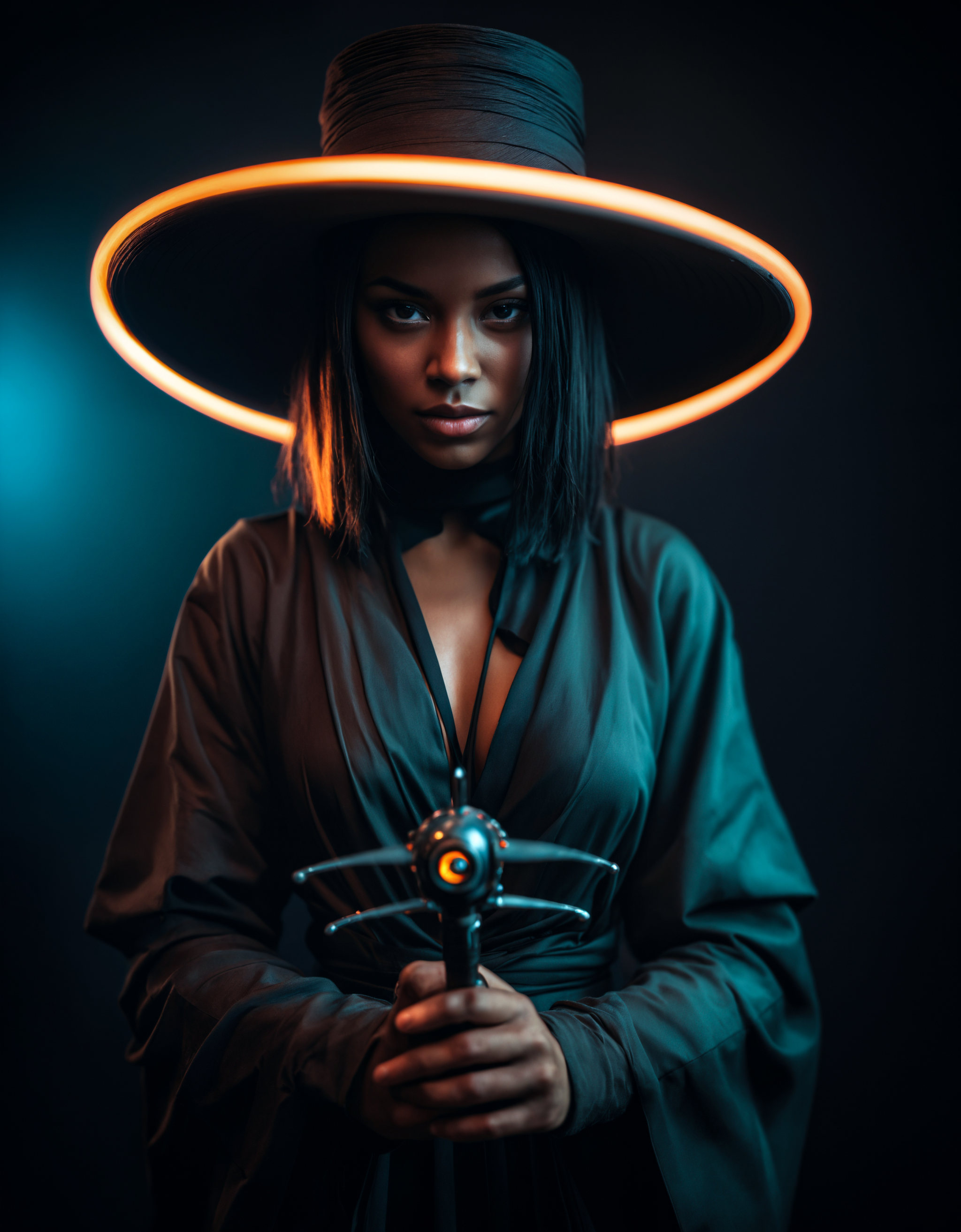 glamour portrait photo,  macro,  a captivating vibrant dark green-neon capturing the essence of a cyborg Bedouin sorcerer...