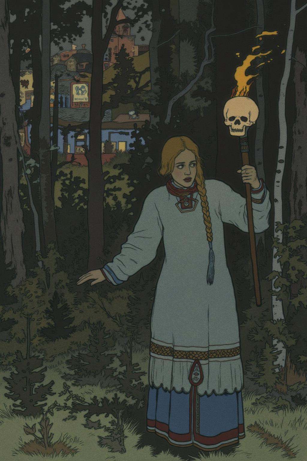 ivanbilibin1 illustration.A young woman with braided hair stands in a forested area surrounded by tall trees and dense und...