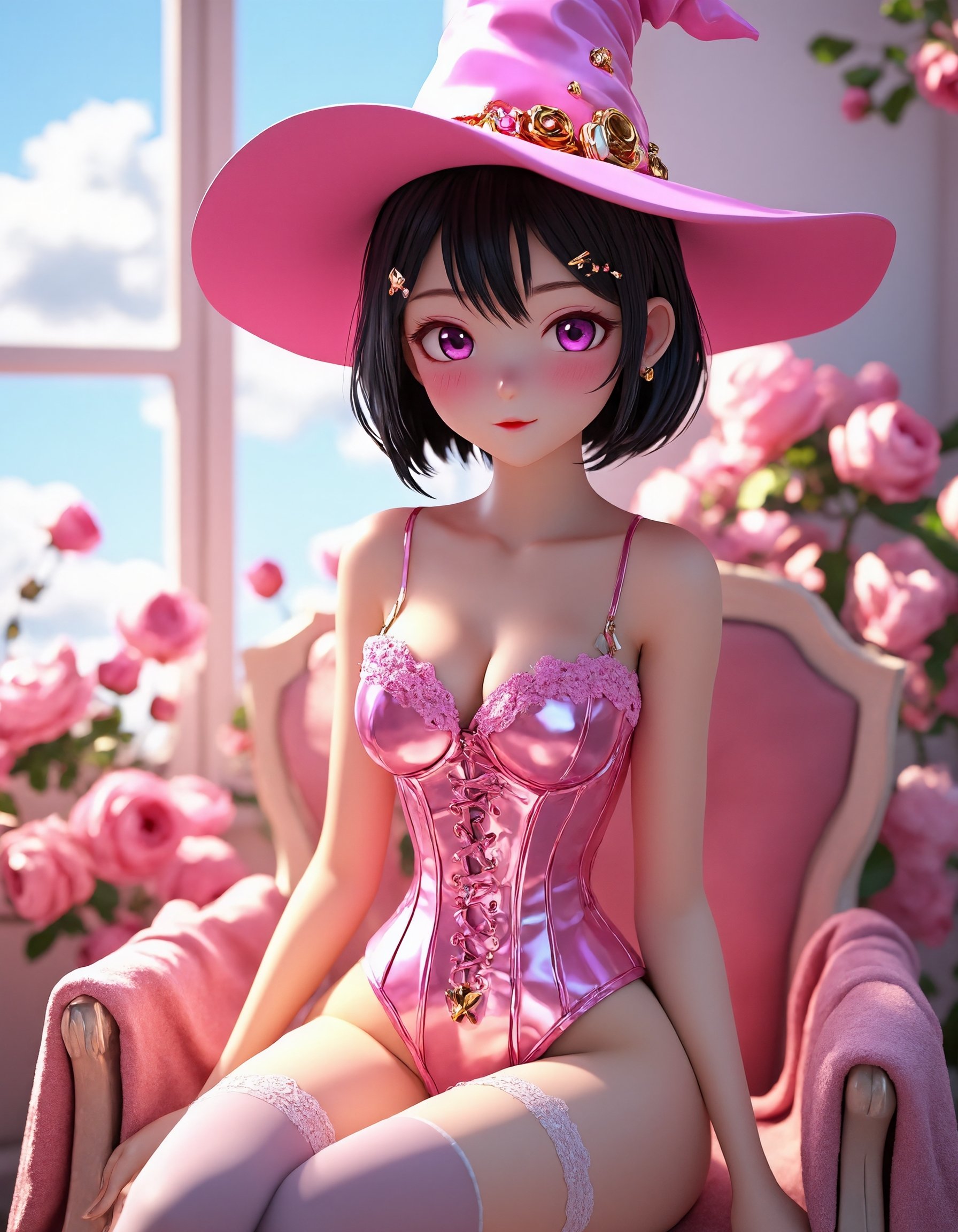 A stunning 3D anime-style portrait of a young witch with a vibrant,  playful,  and magical theme. The character has short...