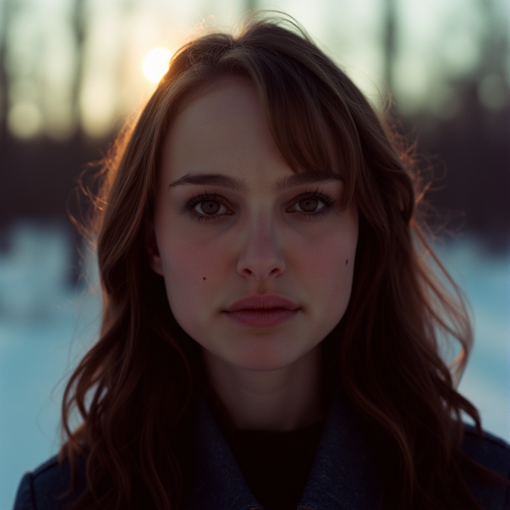 Instagram photo of a woman with freckles on her face in the winter outdoors silhouette illumination of her hair. Taken wit...