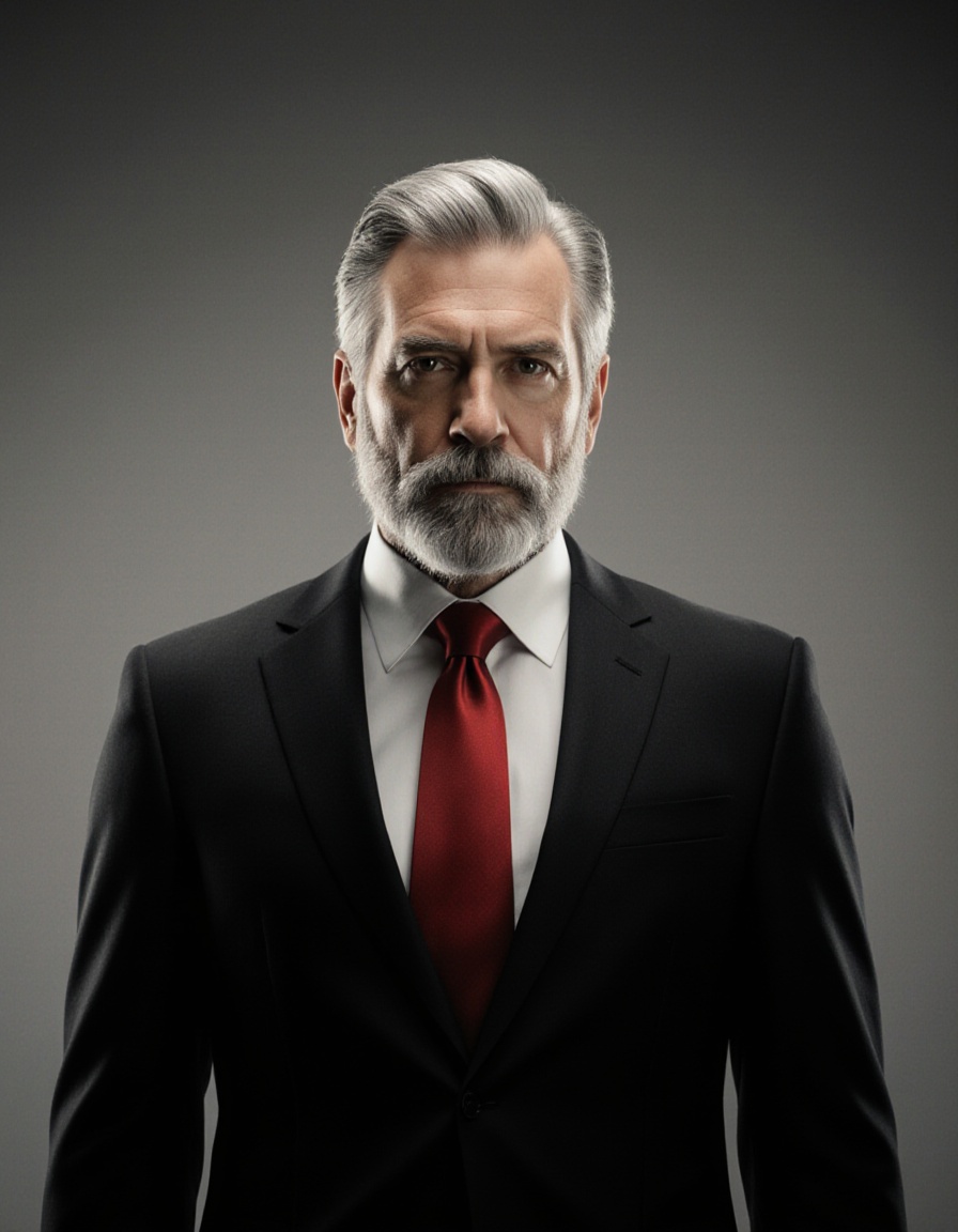 Hyperrealistic movie character,  long shot,  a 50-year-old Caucasian modern in shape man with perfectly combed silver hair...