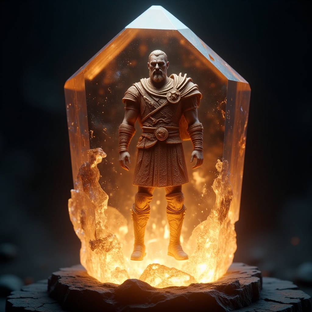professional 3d model "A large,  glowing crystal stands upright with a warrior fully encased inside,  completely trapped a...