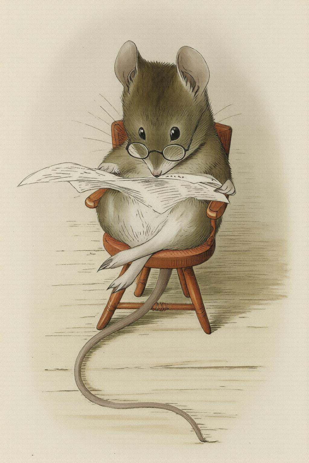 beatrixpotter2q illustration.An anthropomorphic mouse,  wearing bifocal glasses,  sits cross-legged on a wooden chair on T...