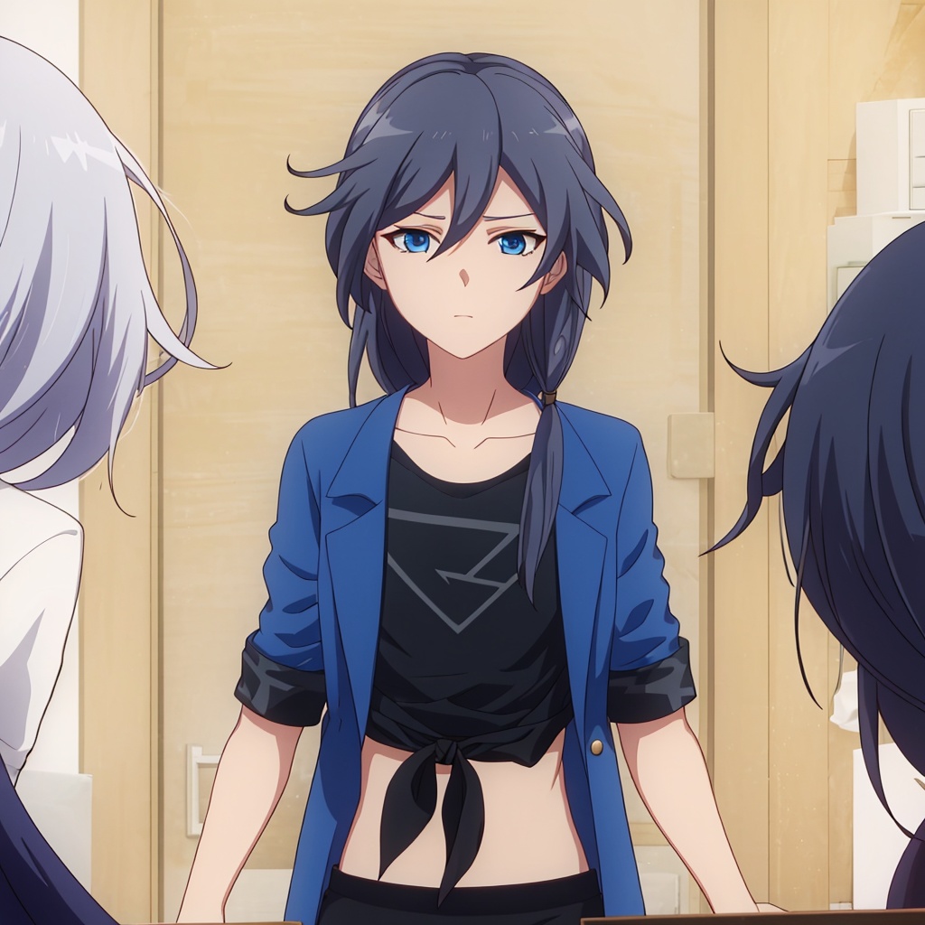 blue eyes, shirt, long hair, hair flaps, thighhighs, track jacket, short sleeves, low-tied long hair, fu hua, jacket, tied shirt, hair between eyes, low twintails, collarbone, messy hair<lora:符华-餐桌-休闲蓝:0.8>