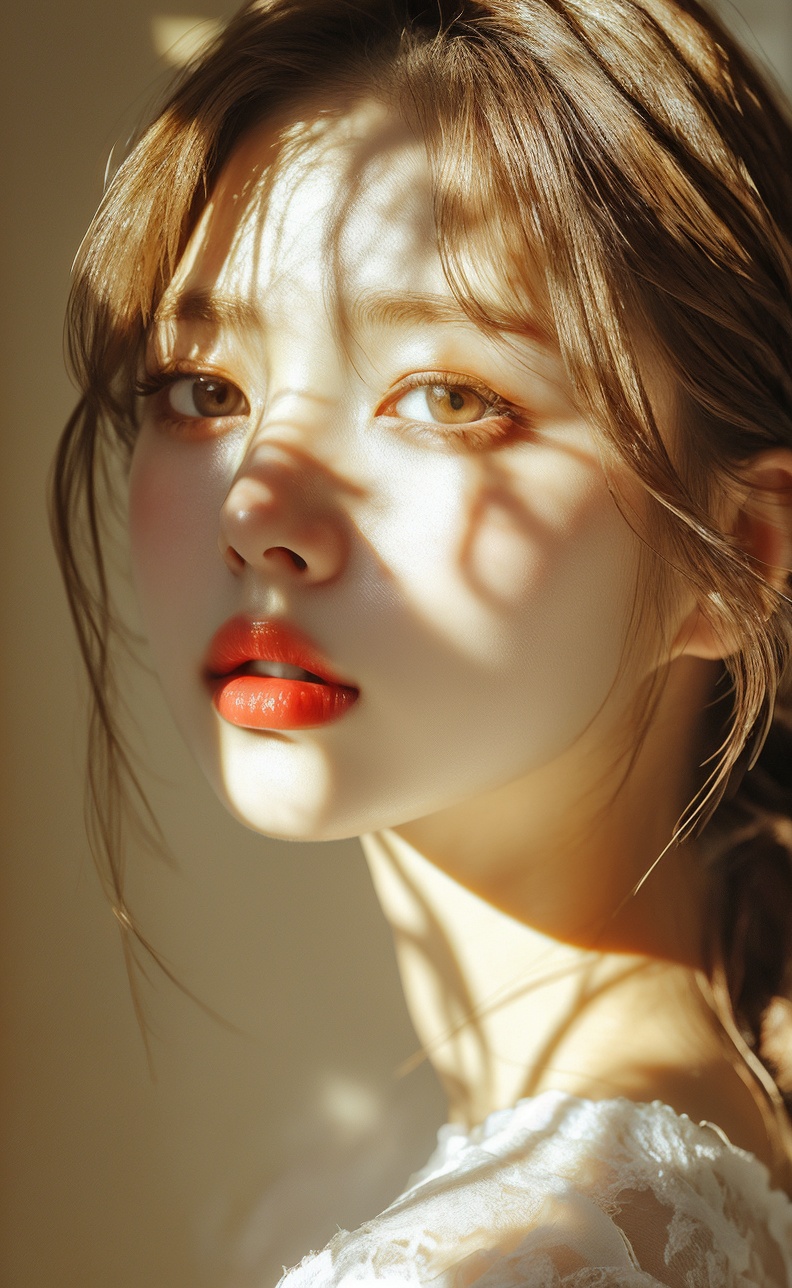 solo, 1girl, portrait, realistic, parted lips, looking at viewer, brown eyes, brown hair, red lips, lips