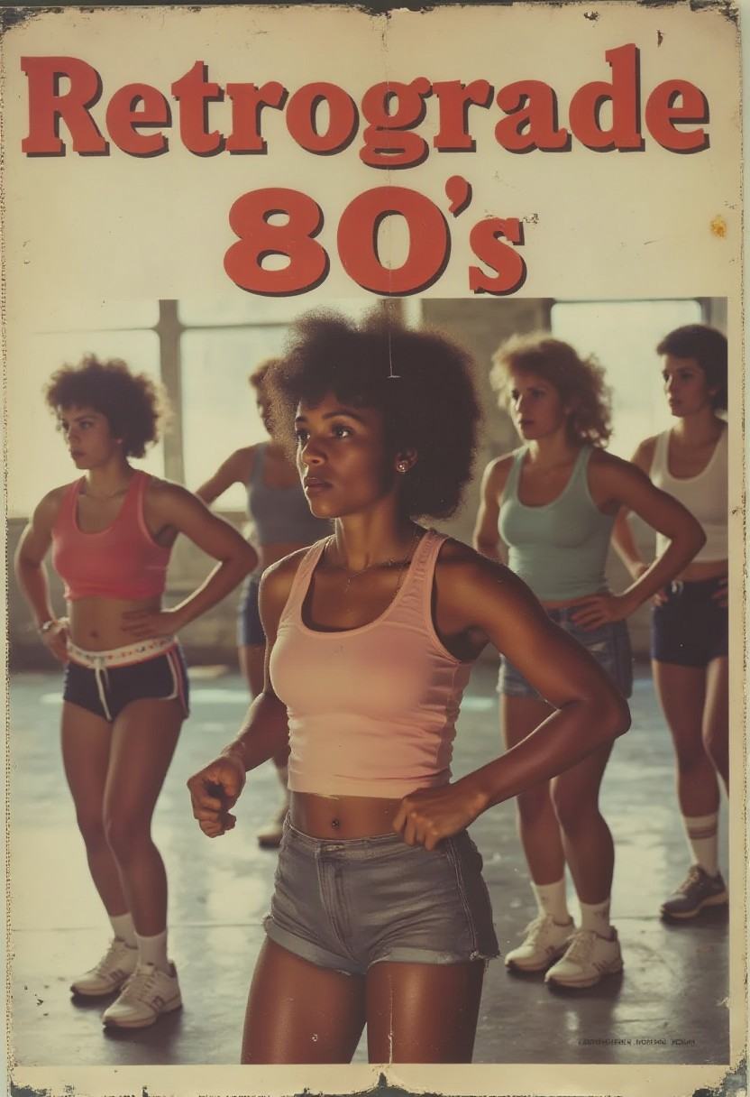 A vintage poster. The logo style text reads: "Retrograde 80's". A black woman working out in an aerobics class. retr0grade...