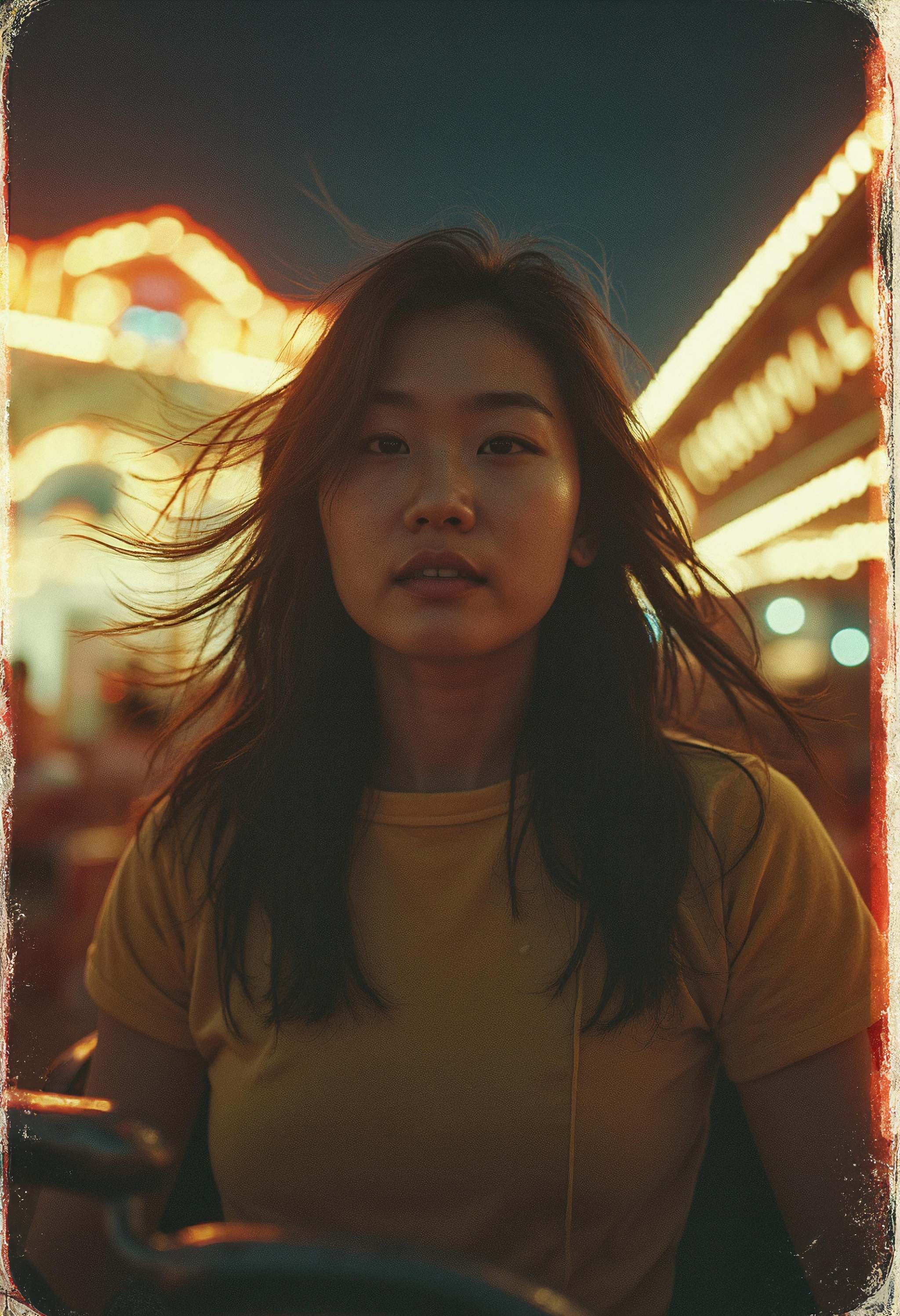 A point portrait of a Japanese girl at a carnival,  captured mid-ride with her hair blowing dramatically in the wind. The...
