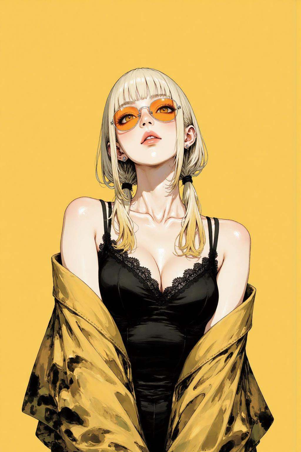 nijiwatercolor2 anime illustration.A woman with long,  blonde hair and orange sunglasses. She is wearing a dark sleeveless...