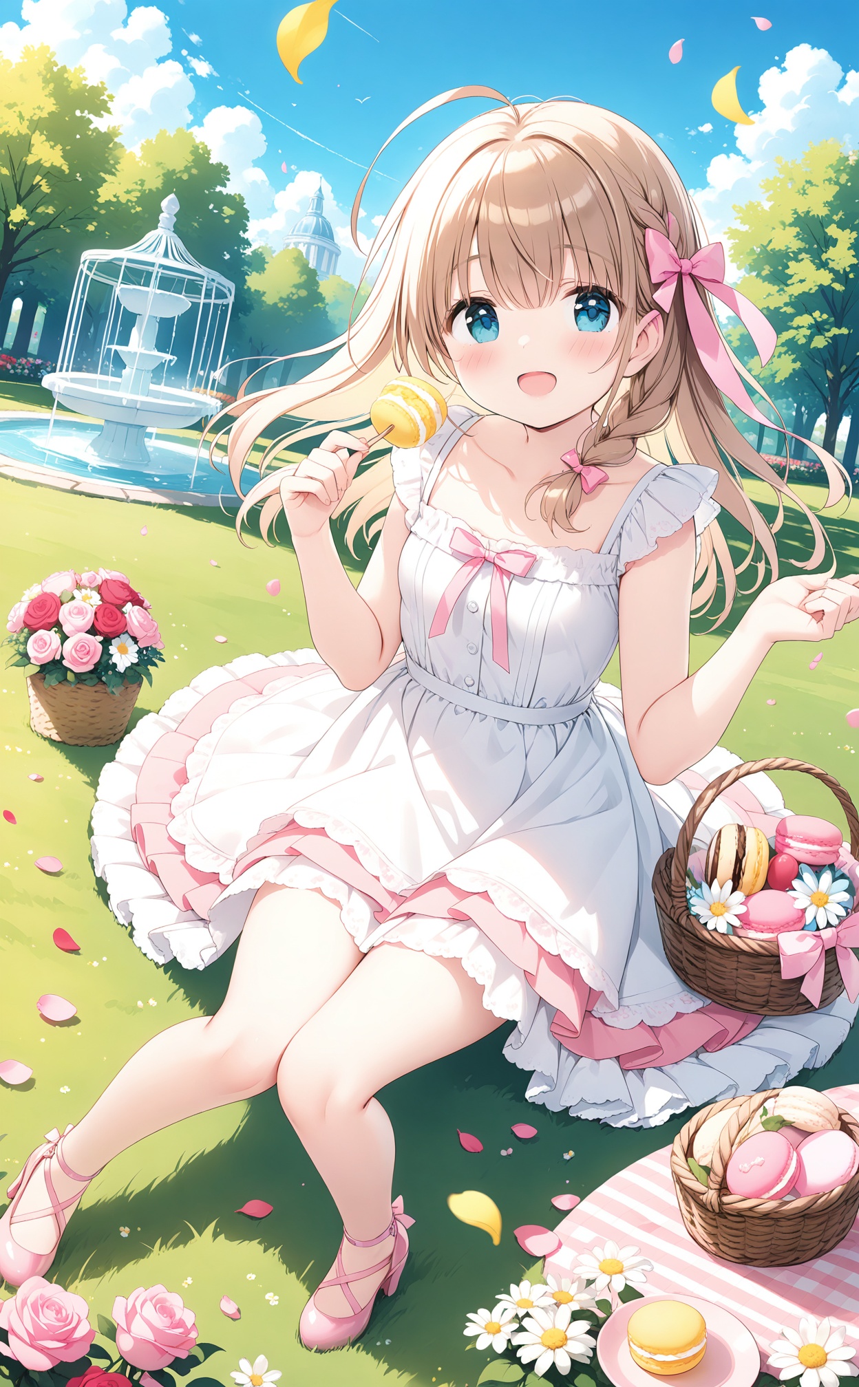 masterpiece,best quality,high quality,(colorful),loli,1girl,solo,outdoors,dress,white dress,flower,smile,long hair,braid,blue eyes,pink flower,day,:d,food,open mouth,high heels,looking at viewer,holding,blush,hair bow,rose,bow,pink rose,pink bow,collarbone,book,pink footwear,sky,cloud,brown hair,petals,birdcage,white flower,sleeveless dress,breasts,sleeveless,macaron,picnic,blue sky,holding food,bare shoulders,yellow flower,grass,cage,small breasts,hair ornament,fountain,tiered tray,basket,antenna hair,single braid,red flower,bare arms,