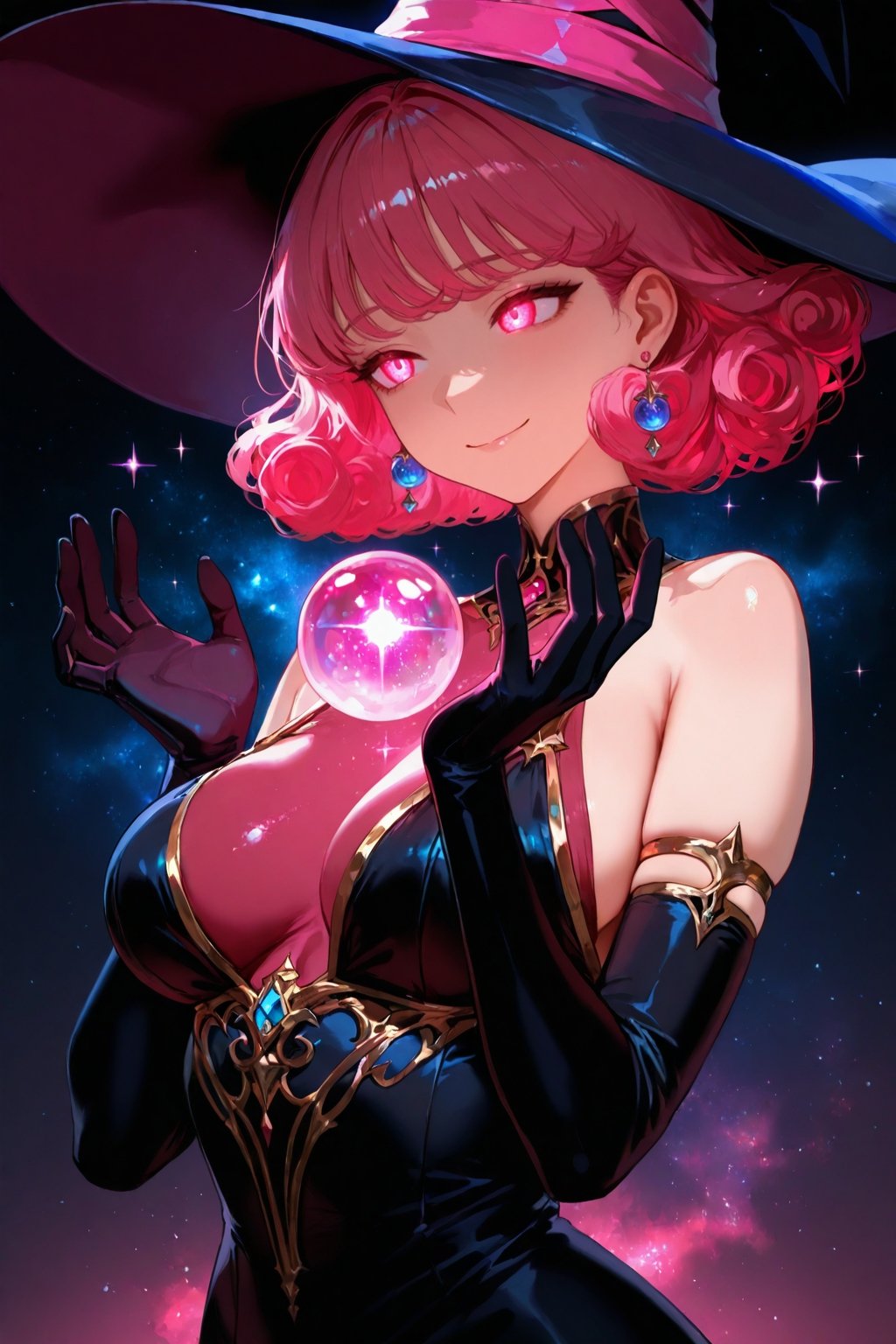 very awa, 1girl, solo, looking at the side, upper body, pink hair, short hair, wavy hair, curly bangs, pink eyes, glowing eyes, dark background, medium breasts, (pink orb), hands raised, nebula background, sparkles,  magical, sorceress, witch hat, pink gradient background, black dress, pink dress, bare shoulders, black gloves, long elbow gloves, armlet, earrings, slight smile, head tilted, mischievous smile, body stocking, masterpiece, best quality, absurdres, very aesthetic, amazing quality, newest
