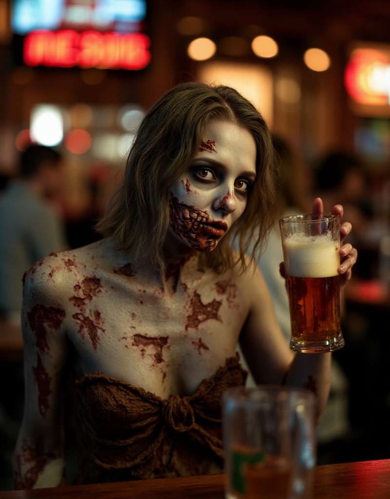 a zombie woman is holding a beer in a pub on Tensor.Art