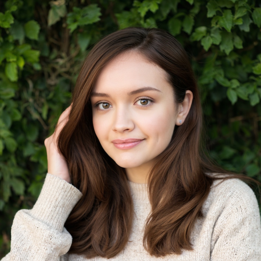 A portrait of olivia_cooke with long,  brown hair,  set against a backdrop of lush green foliage. She has fair skin on Ten...