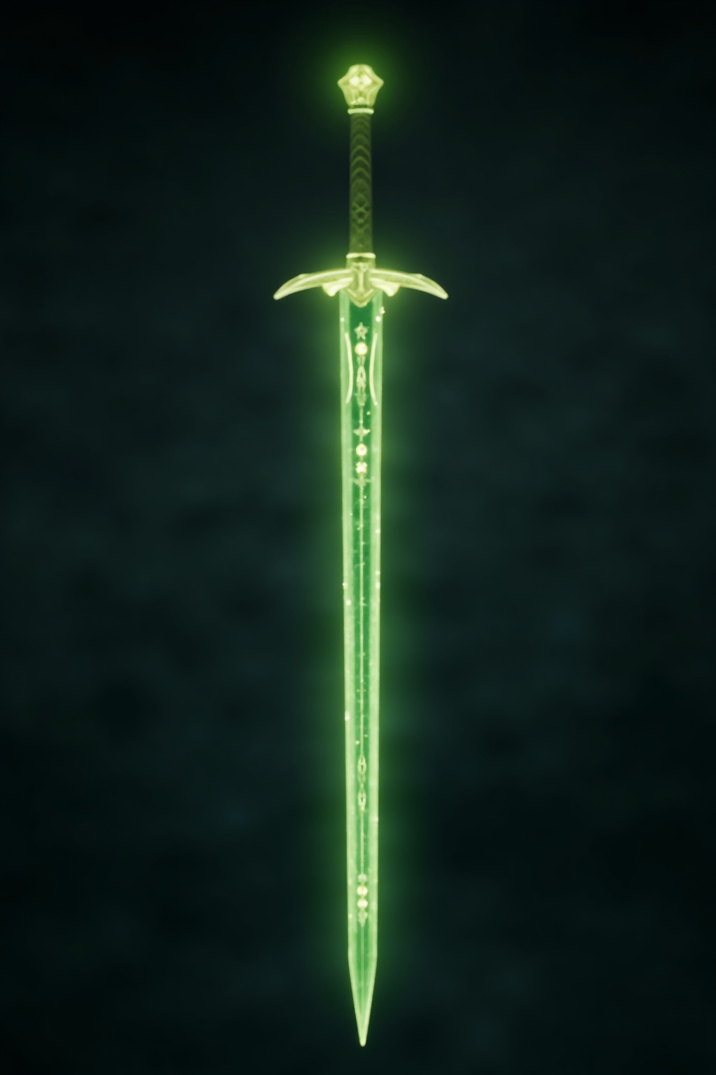 no humans, weapon, sword, still life, green theme, fantasy, glowing