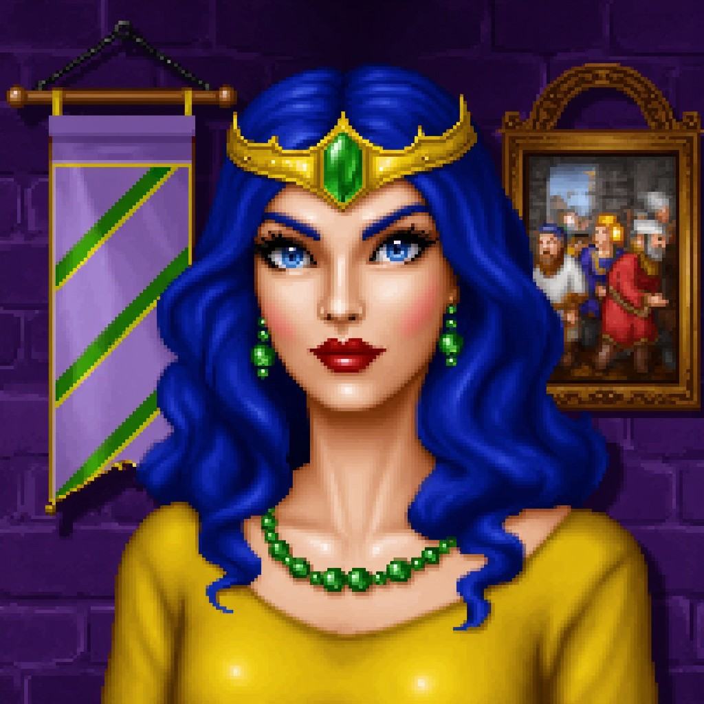 Fanart HoMM2 style portrait of a sorceress queen. The sorceress has medium length wavy royal blue hair,  fair skin,  blue...