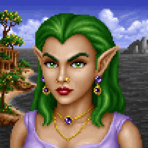 Original HoMM2 style portrait of an elven sorceress with light green hair flowing gracefully over her shoulders and split...