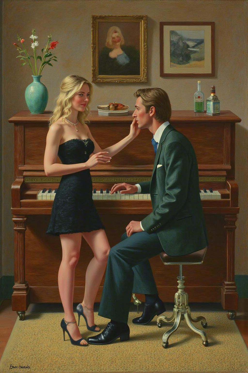 daho1 painting.A Couple flirting beside a piano in a bar. blonde woman in a black mini dress flirting on Tensor.Art