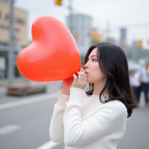 Korean lady blowing heart balloon in street wearing white sweater on Tensor.Art