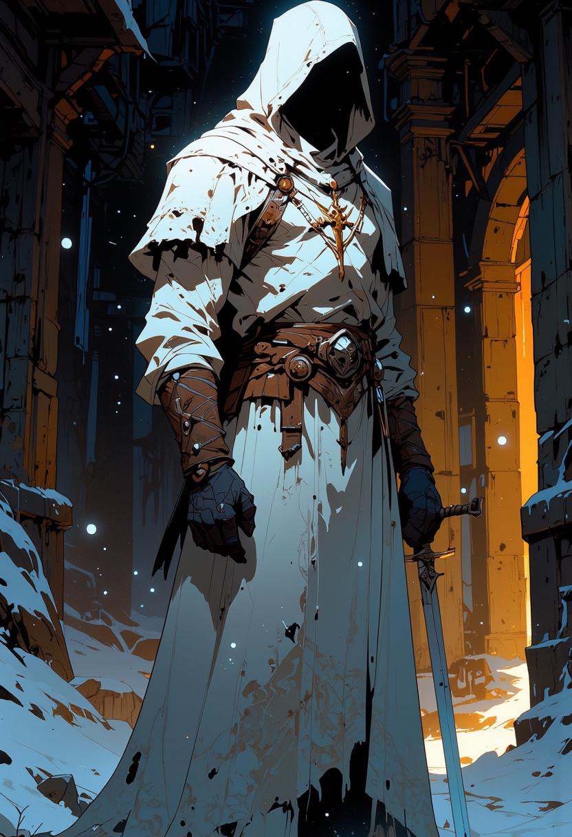 hidden face,  mysterious character draped in a tattered white cloak with a hood,  standing upright on Tensor.Art