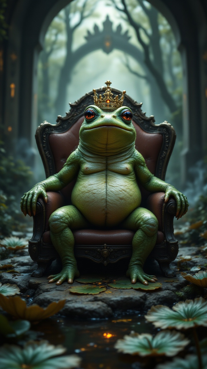 A frog wearing a crown and sitting on a makeshift throne of lily pads,  with the caption: "When you're the ruler of the po...