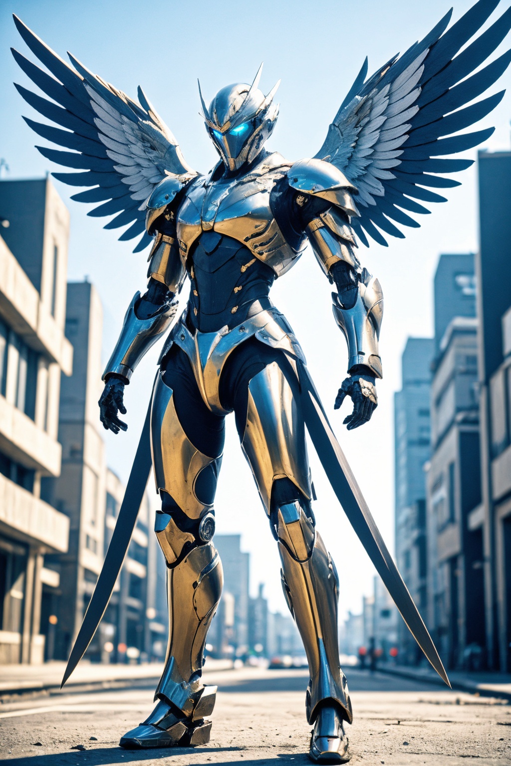 wings, weapon, solo, robot, sword, armor, glowing, standing, 1boy, mecha, science fiction, holding, blue eyes, holding weapon, helmet, male focus, holding sword, feathered wings, blurry, outdoors, full body, blurry background, glowing eyes, sky, no humans, embers, angel wings, day, building