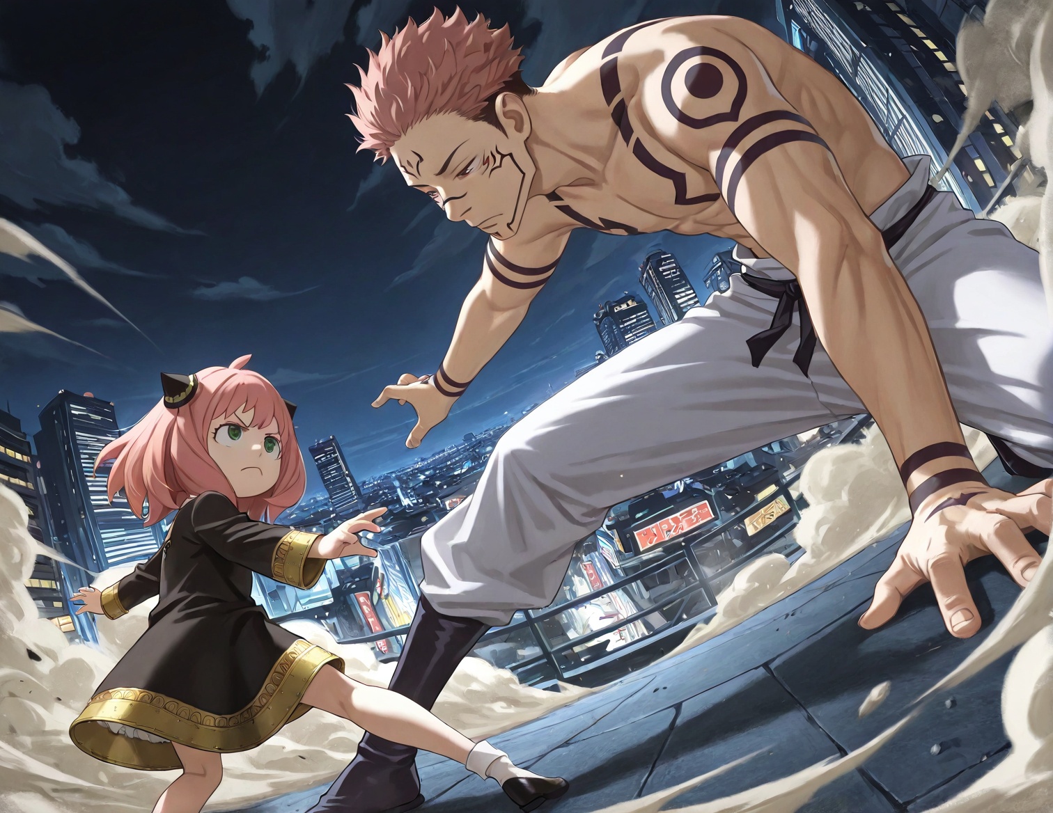 1girl,  1boy,  anya \(spy x family\) frown legs apart leaning forward half-closed eyes arm support on Tensor.Art
