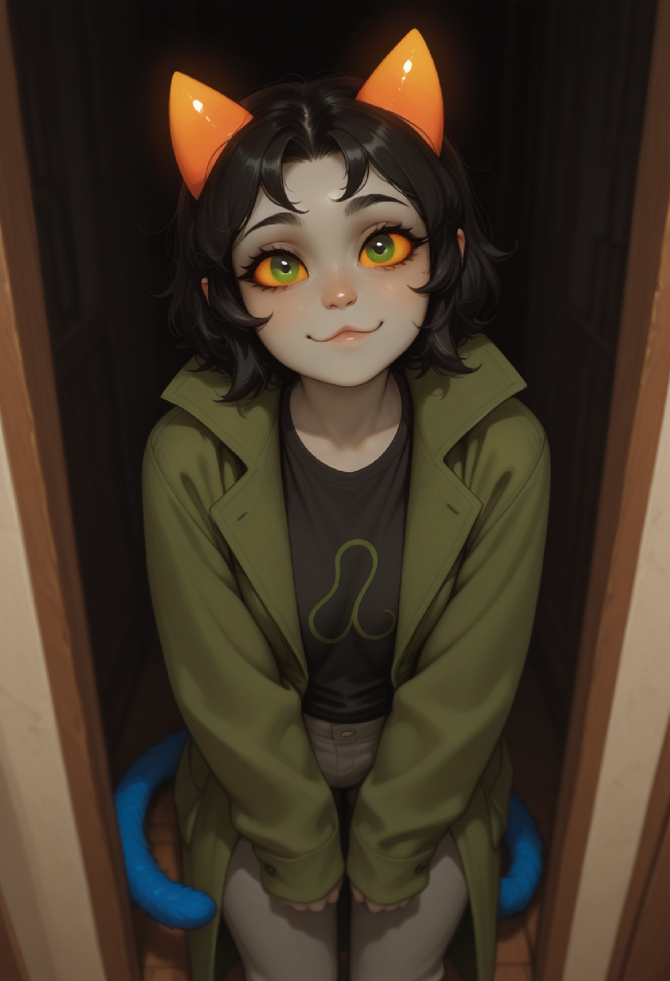 Smooth_Quality IllusP0s style ,  ,  cuddlecore style BREAK nepeta leijon horns colored skin black hair colored sclera yell...