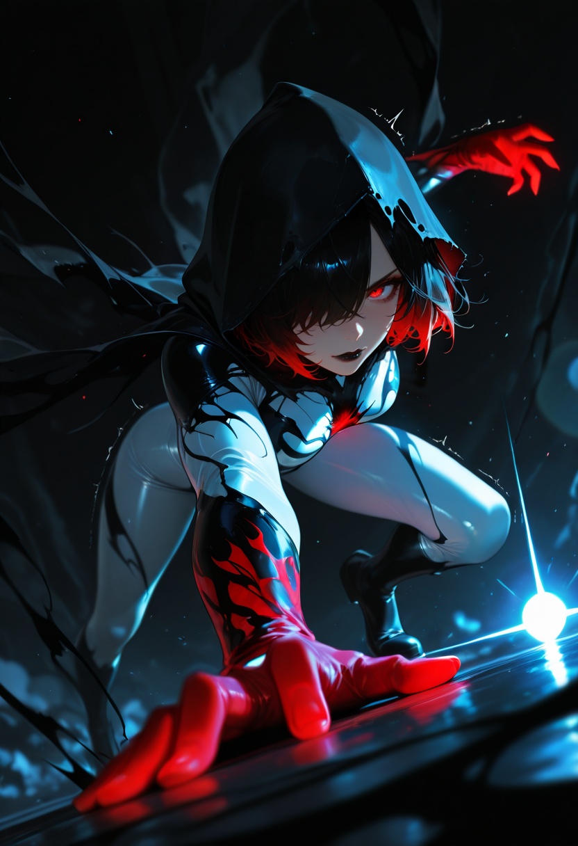 masterwork,masterpiece,best quality,detailed,high detail,very aesthetic,amazing quality,absurdres,newest,detailed background,1girl,solo,short hair,red tips,black hair,symbiote,alien suit,hair over one eye,white bodysuit,black hood,dark print,red fingers,superhero landing,dutch angle,black lips,tendrils,dark,dark background,dynamic pose,motion lines,light particles,lens flare,motion blur,dutch angle,trembling,masterpiece,best quality,amazing quality,lazypos,lazyup,high detail,subtle,high contrast,real background,smooth shading,glossy surfaces,colorful depth,enthusiasm,diagonal angle,high angle,dak depth,masterful shading,low kye,dak depth,chiaroscuro,impasto,(shallow depth of field:1.4),(foreshortening:1.4),