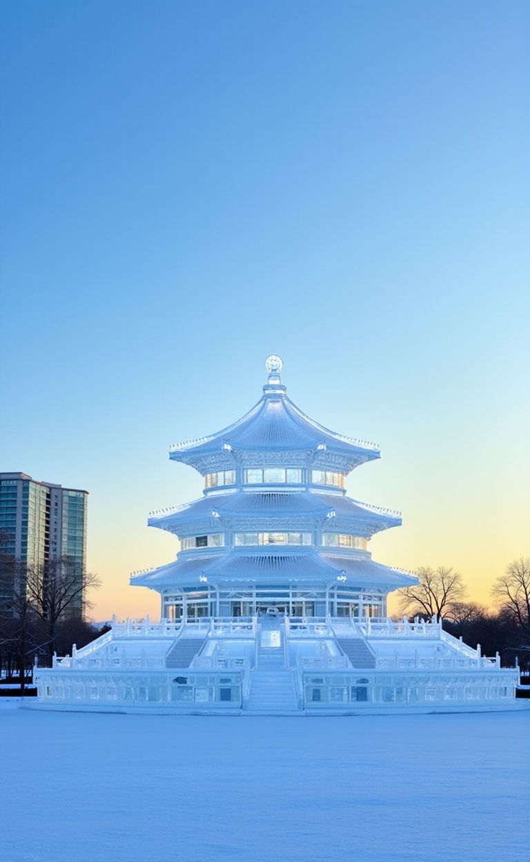 miluo_bing,Ice Sculpture Art, This is a photograph of a traditional East Asian temple structure, likely Chinese, meticulously carved from ice. The temple, known as an "ice temple," stands prominently against a clear blue sky. It features multiple tiers with ornate, sharp-edged roofs that are adorned with intricate patterns, reminiscent of traditional pagoda architecture. The structure is predominantly white, reflecting the cold, wintry environment, and is illuminated by natural sunlight, casting a gentle glow on its surface.The temple sits atop a frozen pond, with the ice extending around its base and blending seamlessly with the surrounding landscape. In the background, the sky transitions from a pale blue at the top to a warmer yellow near the horizon, suggesting either early morning or late afternoon. To the left, a modern, multi-story building with glass windows is partially visible, contrasting sharply with the ancient, icy structure. On the right side, the silhouette of a leafless tree, dusted with snow, adds to the wintery atmosphere. The overall scene is serene and picturesque, capturing the delicate beauty of nature and architecture in a single frame.<lora:冰雕艺术-flux-1.4:1>