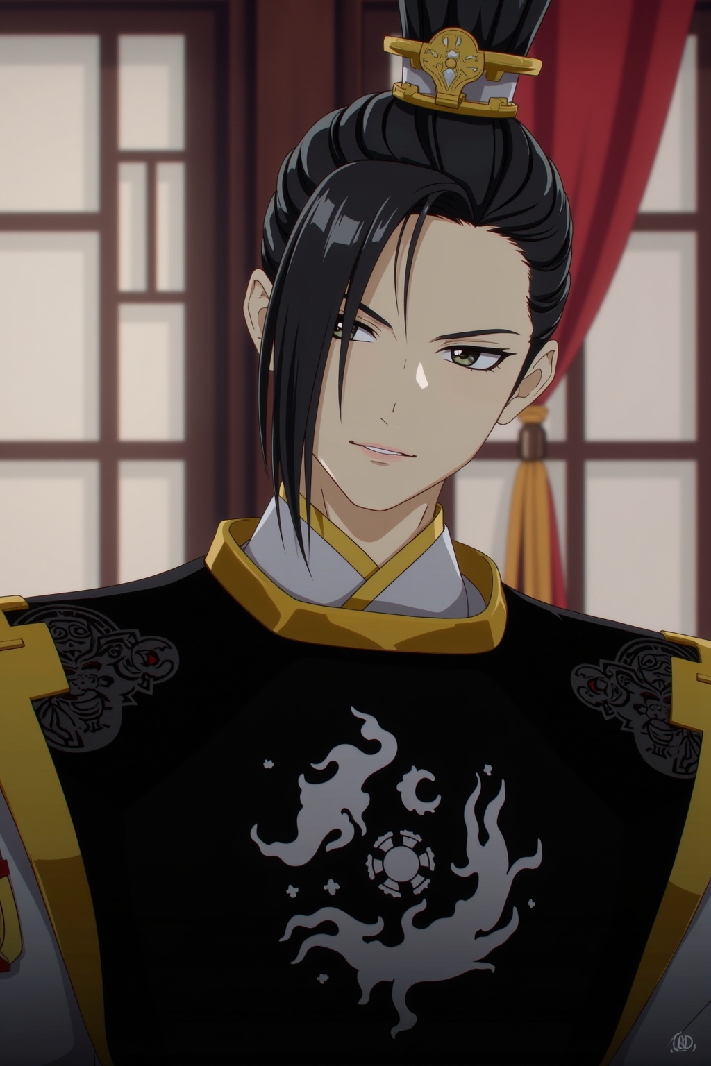 ancient chinese style,1boy,man with black eyes and black hair,black chinese clothes,indoors,