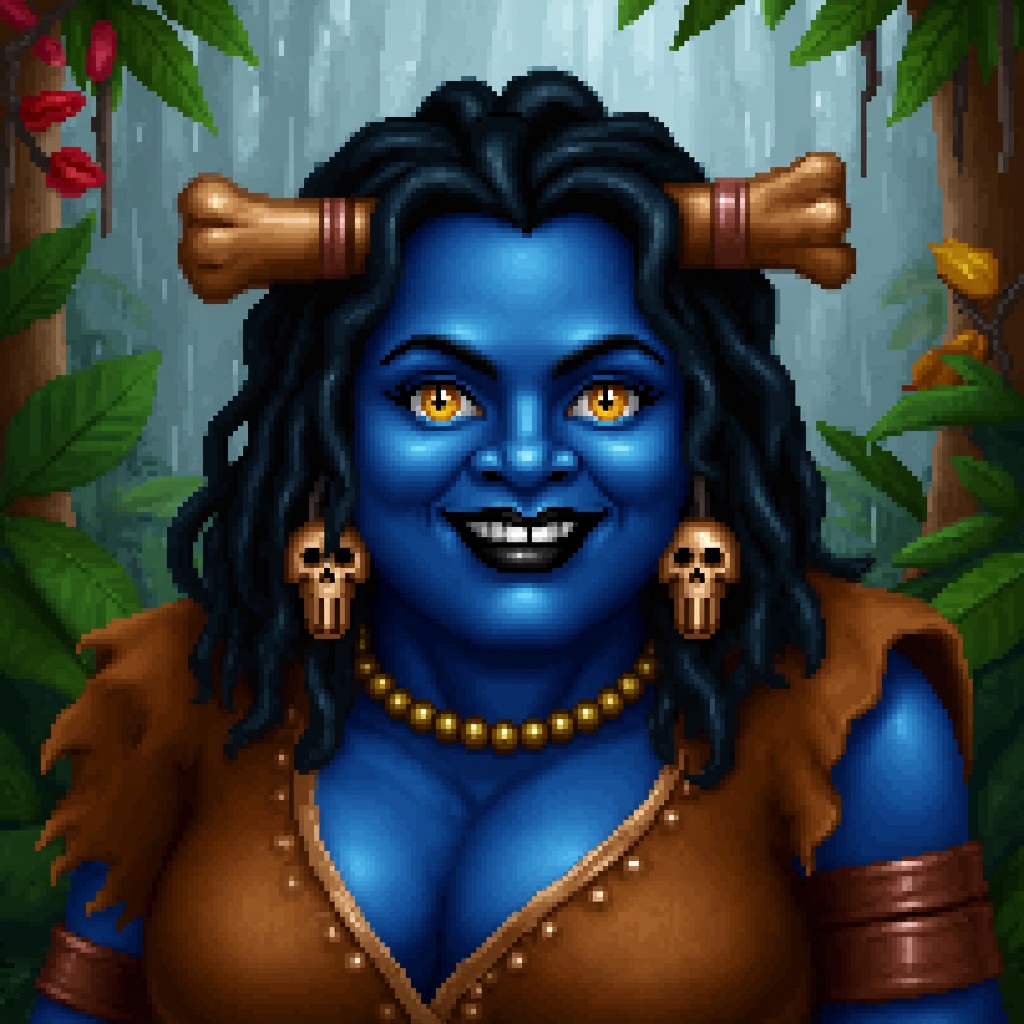 Original HoMMM2 style portrait of a smiling chubby tribal Mesoamerican female ogre witch with blue skin. She has black lip...