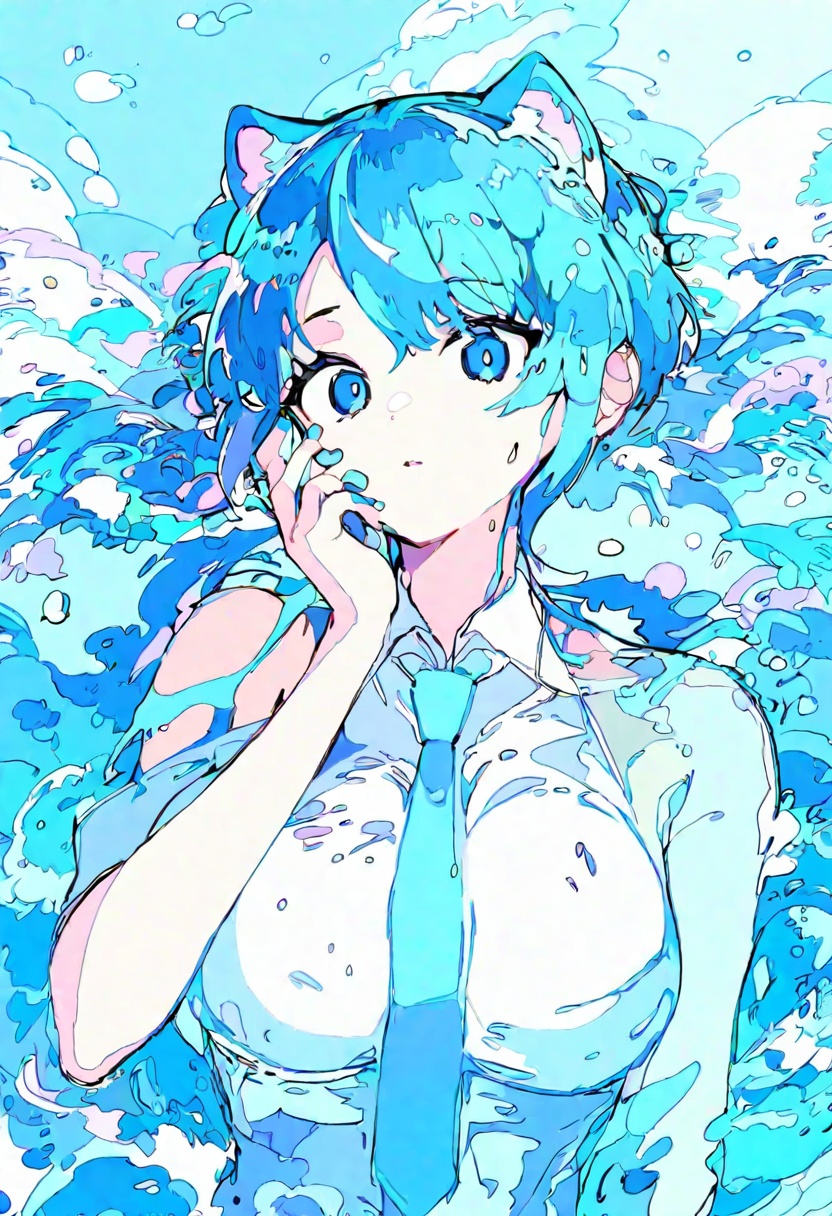 1girl, hatsune miku, qk1, solo, ligne claire, looking at viewer, necktie, blue eyes, blue hair, upper body, shirt, parted lips, blue necktie, twintails, white shirt, hand on own face, pillarboxed, hand up, blue nails, water, bubble, nail polish, blue theme, wet, detached sleeves, head tilt, breasts apart, partially submerged, breasts, wet clothes, large breasts, *****, bottomless, long hair, groin, collared shirt, arm at side,A young girl with blue hair and cat ears on her head. she is standing in a pool of water, with the ocean visible in the background. the girl is wearing a white **** top and has long blue braided hair that is styled in two pigtails. she has a serious expression on her face and is looking off to the side with her hand resting on her chin. the overall mood of the image is peaceful and serene.masterpiece, best quality, newest, absurdres, nsfw, explicit <lora:okra_v2.0-000014:1>