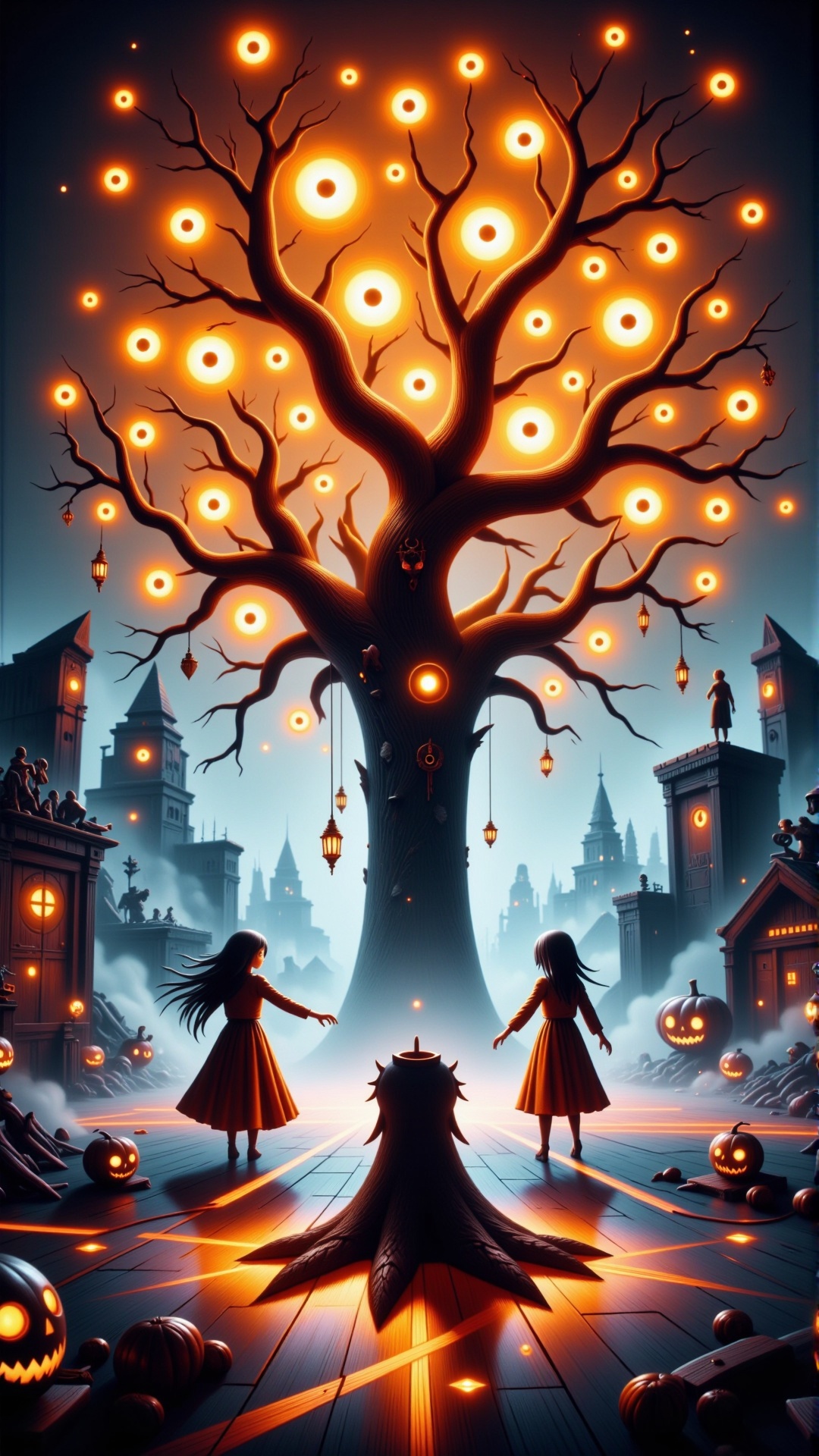 HalloweenGlowStyle orange themed Golden apple tree in full bloom,  solitary and majestic,  in a desolate on Tensor.Art