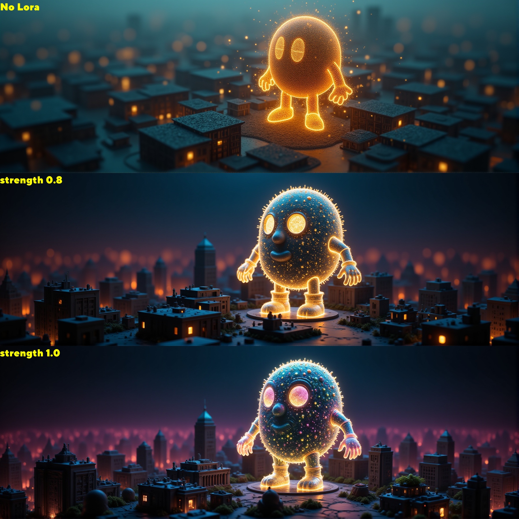 In a whimsically haunting scene,  a digital giant Pac-Man materializes in a tilt-shift photograph. The main subject is a t...