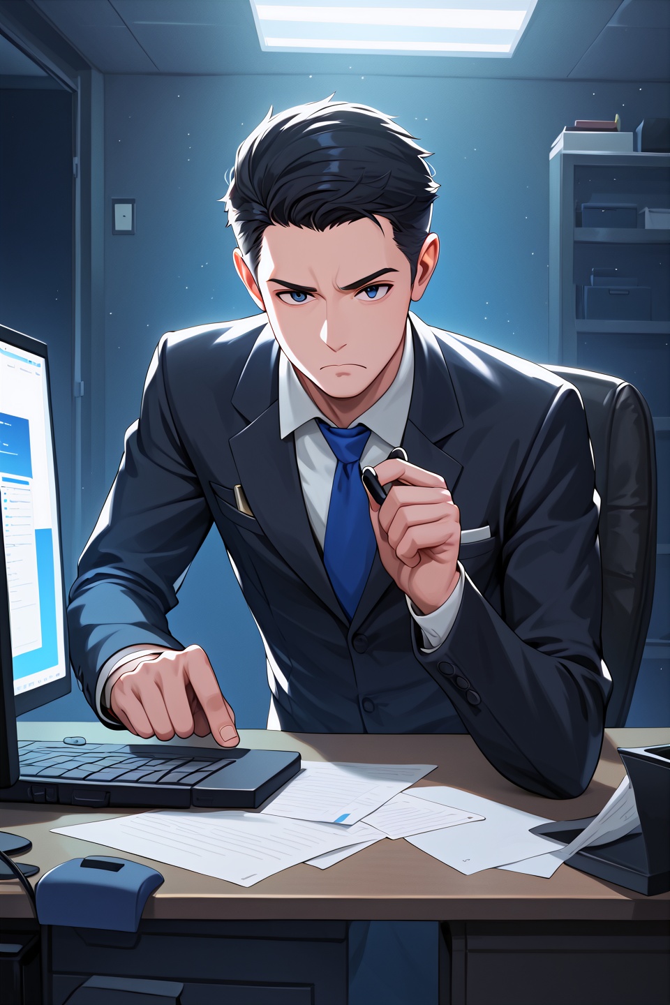 score_9,  best quality,1man,solo,frown,office,pc,night,working,monitor,dark room,looking at monitor,dramatic,cinematic,illumination