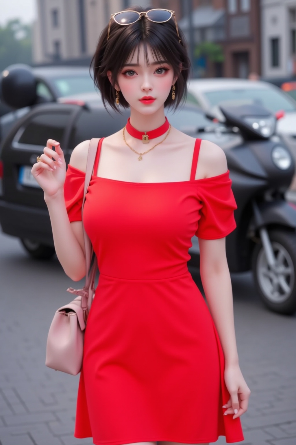 jewelry,1girl,earrings,dress,necklace,black hair,bag,red dress,red lips,sunglasses,short hair,ground vehicle,motor vehicle,choker,bracelet,makeup,looking at viewer,parted lips,english text,bare shoulders,ring,lipstick,off shoulder,handbag,eyewear on head,car,short sleeves,shoulder bag,collarbone,off-shoulder dress,solo,black eyes,wristwatch,lips,