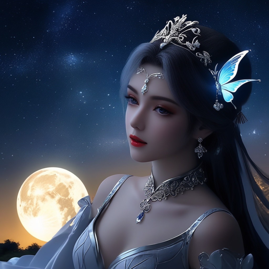 <lora:838-DA-XL-百炼成神-宁雨蝶-成年:0.8>, (,1girl, ,best quality, ),,masterpiece(,1girl,night, starry sky, milky way,outdoors, full moon,  night sky, darkness,  world of darkness, , ) ,ultra realistic 8k cg,   clean, masterpiece,     (( , )),, , , prestige, luxury, jewelry, diamond, gold, pearl, gem, sapphire, ruby, emerald, intricate detail, delicate pattern, charming, alluring, seductive, erotic, enchanting, hair ornament, necklace, earrings, bracelet, armlet,halo((, )), (), butterfly,
