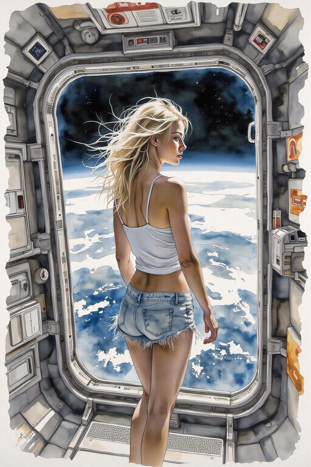 yawc1 watercolor. Pprofile view of a blonde,  floating weightless,  space station. She is wearing short shorts and barefoo...