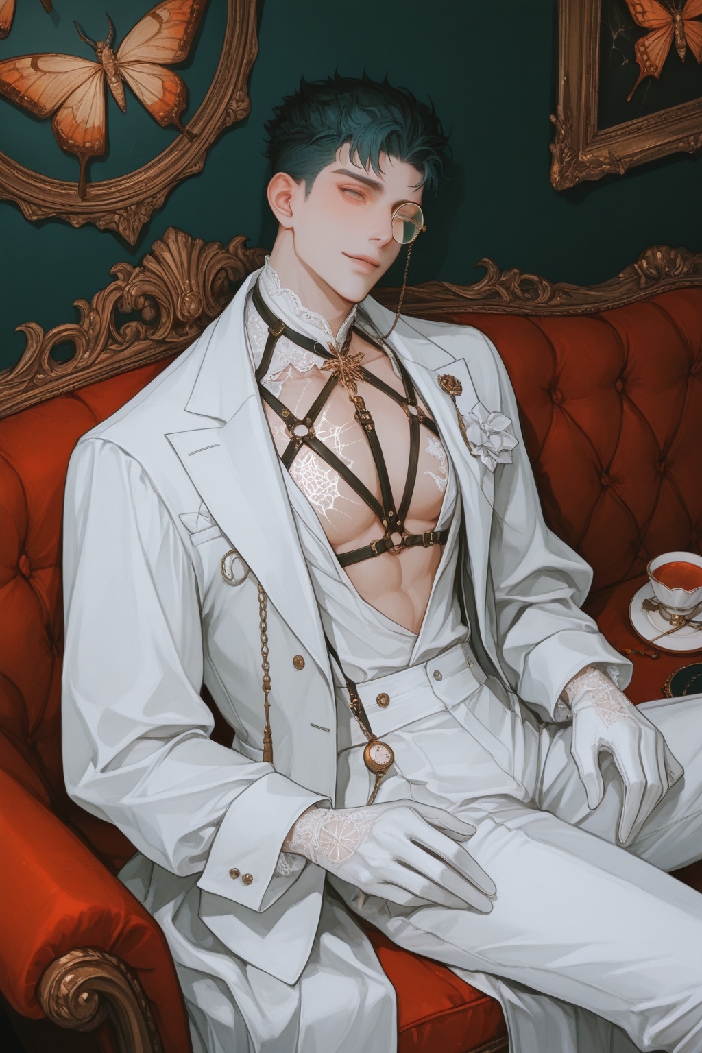 1boy,  solo,  silk_robe_open (revealing_lace_harness) on Tensor.Art