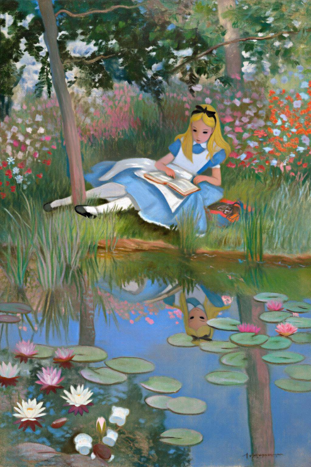 claudemonet2q painting.A serene and whimsical illustration of Alice from Alice in Wonderland sitting beside a tranquil pon...