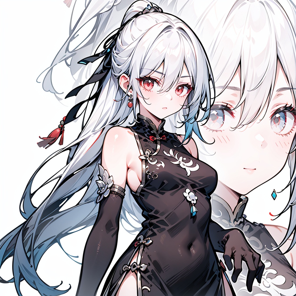 1girl,solo,long hair,looking at viewer,bangs,hair ornament,red eyes,gloves,white background,dress,holding,hair between eyes,bare shoulders,jewelry,closed mouth,ponytail,white hair,earrings,sleeveless,black gloves,sleeveless dress,chinese clothes,china dress,zoom layer,******,jing,