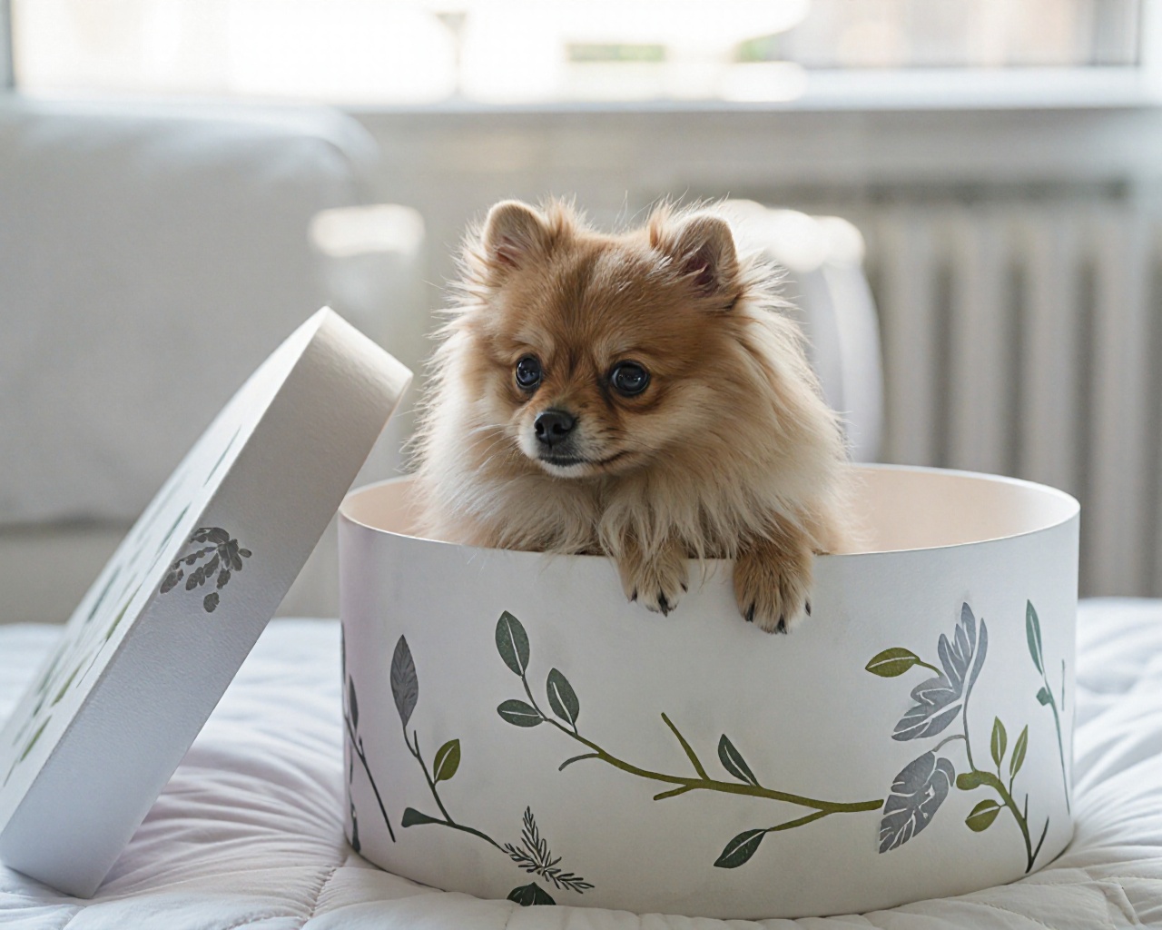 This photograph captures a small Pomeranian dog sitting inside a large,  cylindrical gift box. The dog has a fluffy,  ligh...