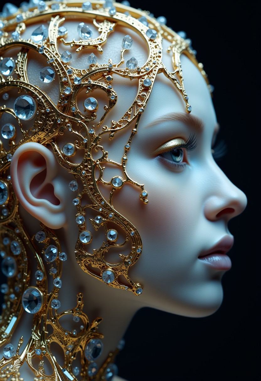 This is a highly detailed,  photorealistic CGI artwork depicting a close-up profile of a woman's face. The subject has an...