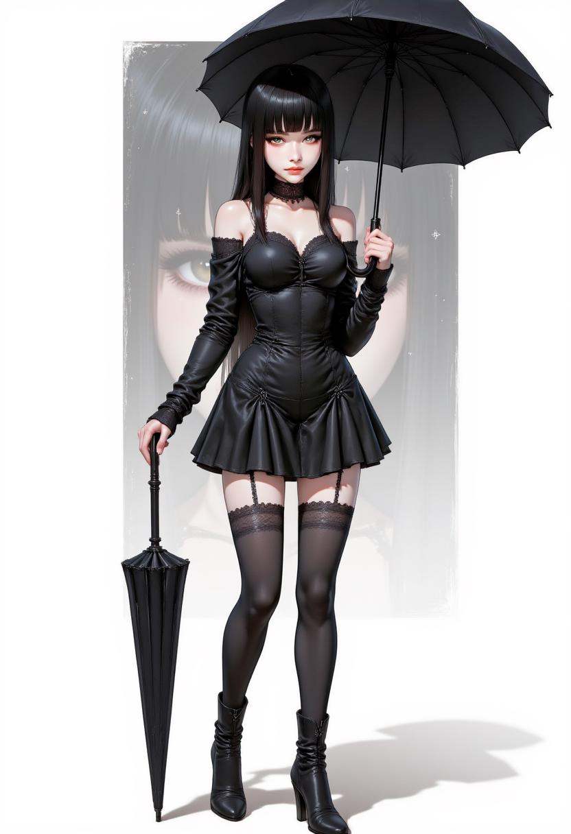 A digital illustration featuring a stylized,  gothic-inspired woman standing confidently. She has a pale complexion and lo...